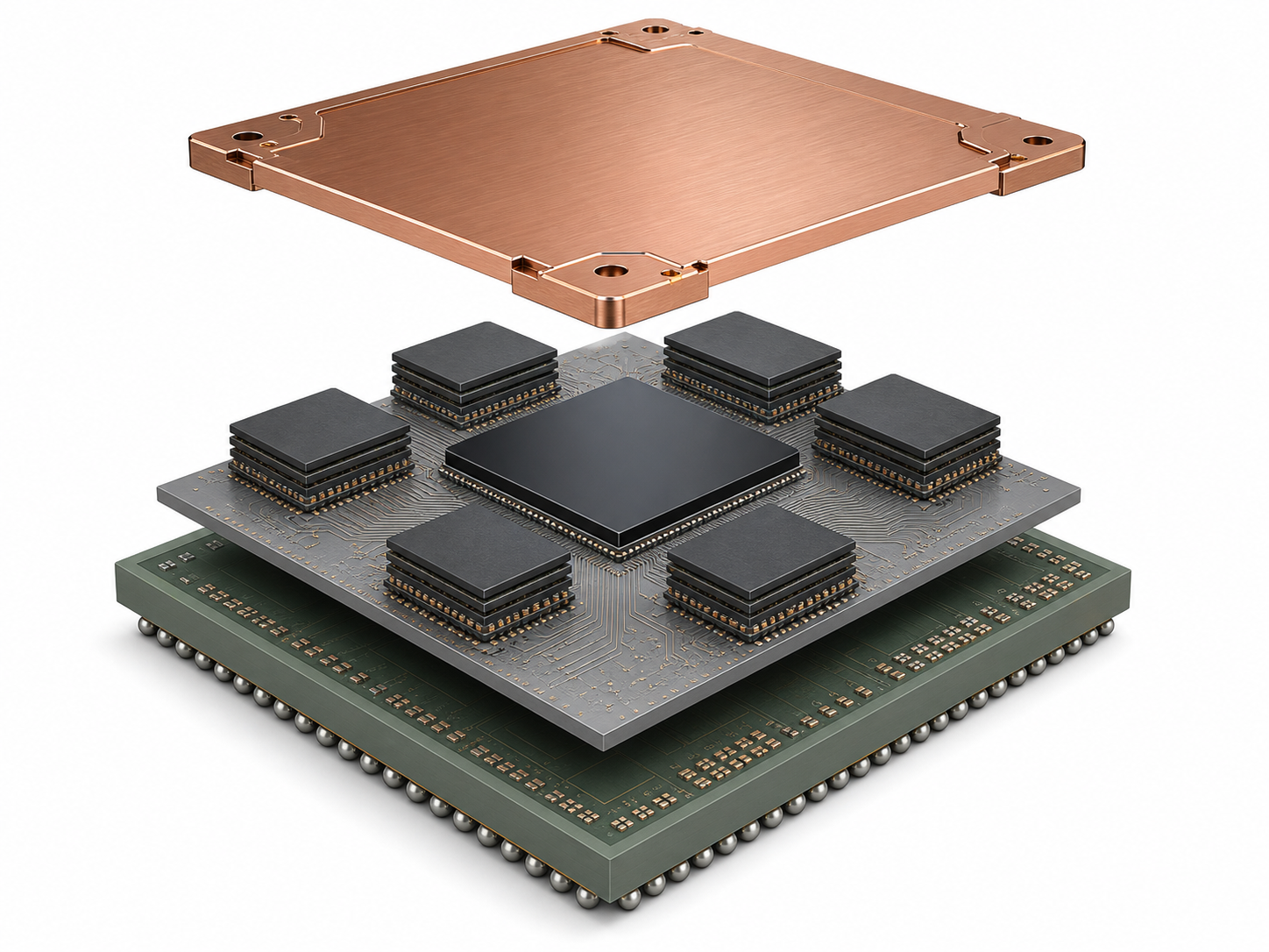 Exploded illustration of a GPU die, HBM stacks, interposer, substrate and cooling plate
